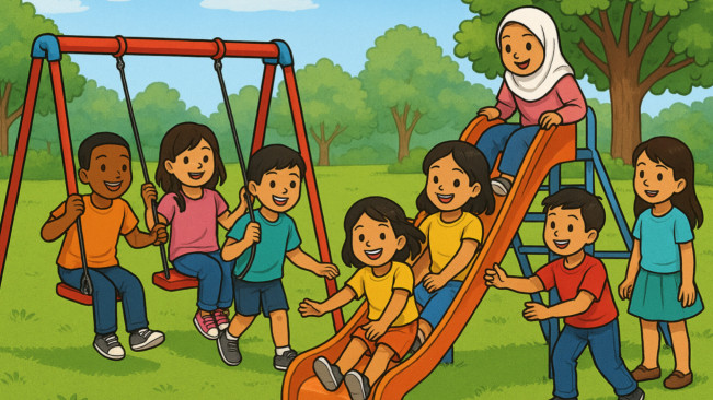 Ilustrasi anak-anak bermain di taman. [ChatGPT/FT News]